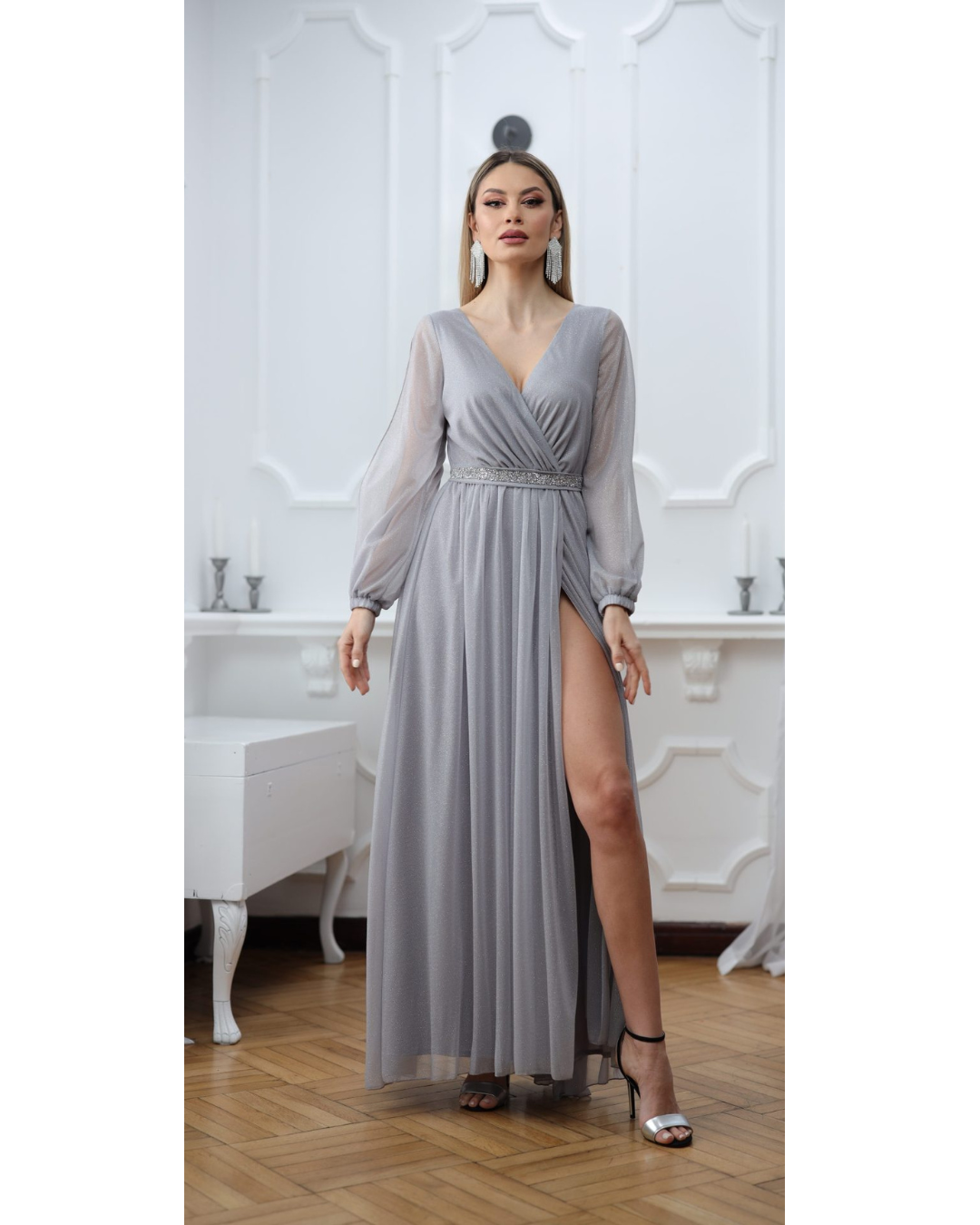 Rochie eleganta lunga din voal cu floare Strass Giulia